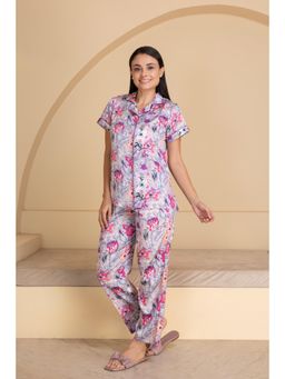 Private Lives - Satin Printed Classic Collar Night Suit Purple