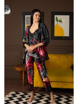 Private Lives - Black Festive Print Short Satin Nightdress with Shrug