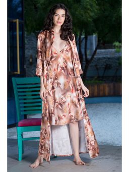 Private Lives - Brown Floral Print Satin Nightdress with Shrug