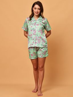 Blissence - Green Floral Printed Satin Night Suit
