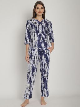 Blissence - Navy Tie and Die Printed V-Neck 3/4 Sleeve Nightsuit