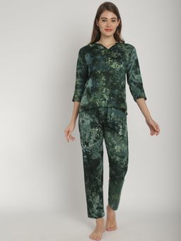 Blissence - Dark Green Tie and Die Printed V-Neck 3/4 Sleeve Nightsuit