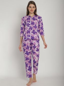 Blissence - Purple Floral Printed 3/4 Sleeve Nightsuit