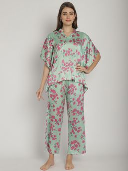 Blissence - Green Floral Satin Nightsuit