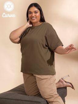 Twenty Dresses by Nykaa Fashion - Curve Olive Simple Yet Sophisticated Basics Tshirt