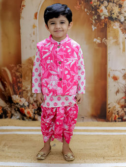 KID1 - Ready To Wear Pink Floral Jacket with Printed Kurta and Dhoti (Set of 3)