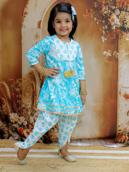 KID1 - Ready To Wear Floral Printed Blue Kurti with Dhoti & Dupatta (Set of 3)