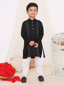 KID1 - Ready To Wear Embroidered Black Silk Kurta with Pyjama (Set of 2)