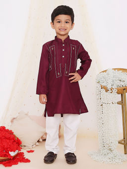 KID1 - Ready To Wear Embroidered Wine Silk Kurta with Pyjama (Set of 2)