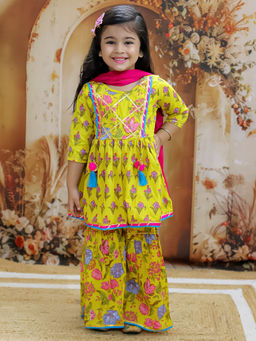 KID1 - Ready To Wear Buti-Jaal Yellow Kurti with Sharara & Dupatta (Set of 3)