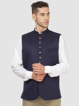 TAHVO - Men Navy Blue Solid Nehru Jacket