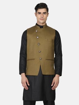 TAHVO - Men Mehndi Green Solid Nehru Jacket
