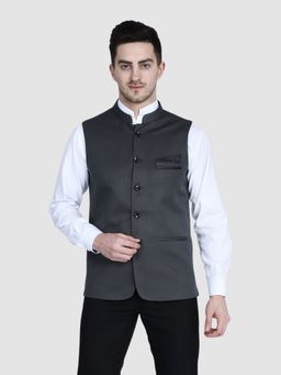 TAHVO - Men Grey Solid Nehru Jacket With Hanky