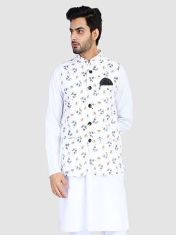 TAHVO - Men White Floral Printed Nehru Jacket