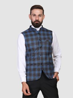 TAHVO - Men Blue Checks Nehru Jacket