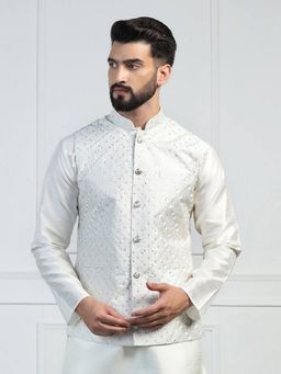 TAHVO - White Men Embroidered Nehru Jacket