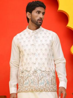 Jompers - Men Embroidered Silk Blend White Nehru Jacket