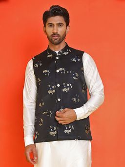Jompers - Men Embossed Design Black Nehru Jacket