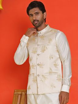 Jompers - Men Embossed Design Cream Nehru Jacket