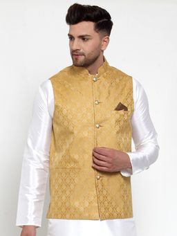 Jompers - Men Woven Jacquard Gold Nehru Jacket
