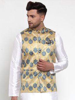 Jompers - Men Abstract Printed Gold Nehru Jacket