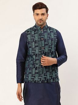 Jompers - Men Woven Design Blue Nehru Jacket