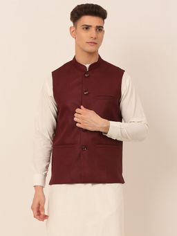 Jompers - Men Solid Maroon Nehru Jacket
