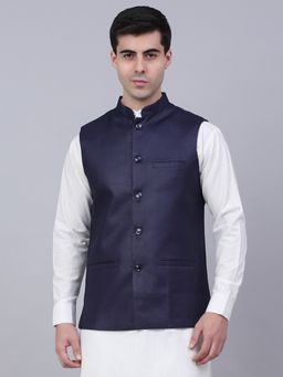Jompers - Men Solid Navy Blue Nehru Jacket