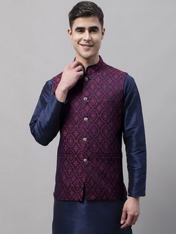 Jompers - Men Woven Design Maroon Nehru Jacket