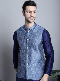 Jompers - Men Geometric Printed Blue Nehru Jacket