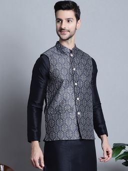 Jompers - Men Geometric Printed Nehru Charcoal Jacket