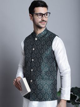 Jompers - Men Geometric Printed Olive Nehru Jacket