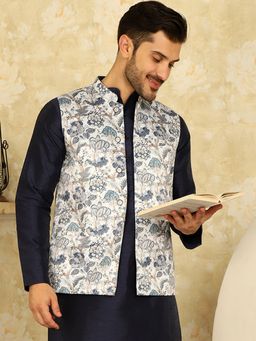 Jompers - Floral Printed White Nehru Jacket