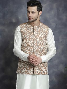 Jompers - Men Embroidered Brown Nehru Jacket