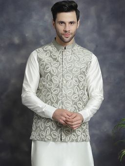 Jompers - Men Embroidered Green Nehru Jacket
