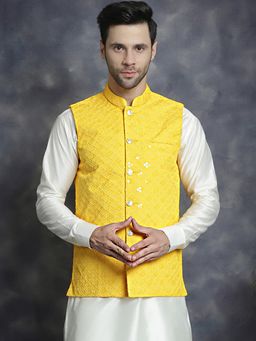 Jompers - Men Embroidered and Sequins Yellow Nehru Jacket
