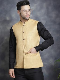 Jompers - Men Woven Design Beige Nehru Jacket