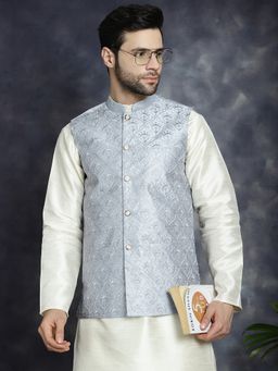 Jompers - Men Sequins and Embroidered Grey Nehru Jacket