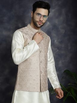 Jompers - Men Sequins and Embroidered Peach Nehru Jacket