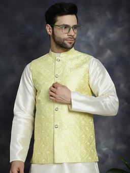 Jompers - Men Sequins and Embroidered Yellow Nehru Jacket