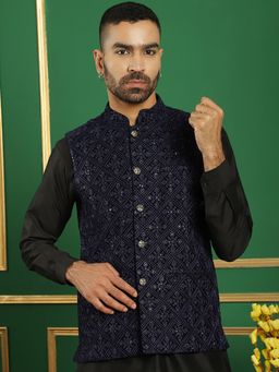 Jompers - Men Sequins Velvet Navy Blue Nehru Jacket