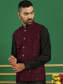Jompers - Men Sequins Velvet Purple Nehru Jacket