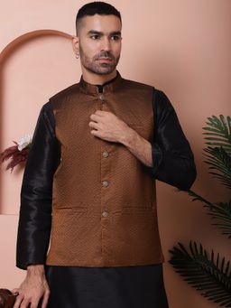 Jompers - Men Woven Design Gold Nehru Jacket