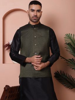 Jompers - Men Woven Design Olive Nehru Jacket