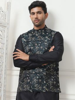 Jompers - Embossed Silk Blend Teal Nehru Jacket
