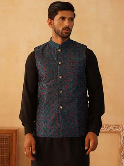 Jompers - Embroidered Silk Blend Teal Nehru Jacket