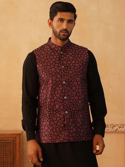 Jompers - Embroidered Silk Blend Coral Nehru Jacket