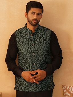 Jompers - Embroidered Silk Blend Teal Nehru Jacket