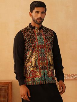 Jompers - Printed Velvet Black Nehru Jacket