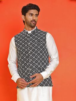 Jompers - Embroidered Viscose Rayon Black Nehru Jacket